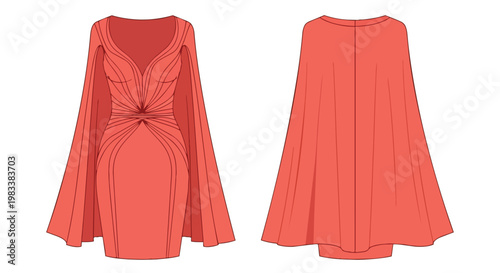 Sophisticated coral evening gown design illustration featuring graceful flowing cape sleeves and intricate front detailing offering a comprehensive