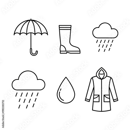 Weather icons umbrella rain boots clouds rain drop and raincoat