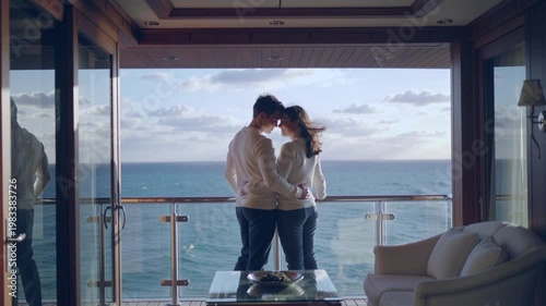 A wide cinematic shot at dawn, a young beautiful couple tenderly embracing on the private balcony of a luxury cruise ship cabin. Golden rays of sunlight illuminate their faces and the endless ocean, w