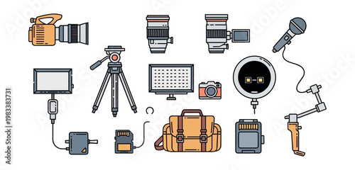 Camera equipment set isolated on black background