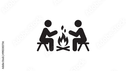 Stick Figures Sitting Around Campfire On White Background For Social Gathering Concepts
