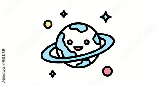 cute cartoon planet with ring and stars in space for kids education or branding