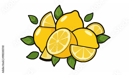 Cartoon lemon fruit collection with slices wedges and leaves colorful citrus vector illustration isolated on white