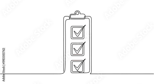 A continuous black line drawing of a clipboard with three checked boxes