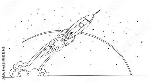 Line art rocket blasts off through starry sky with fiery exhaust