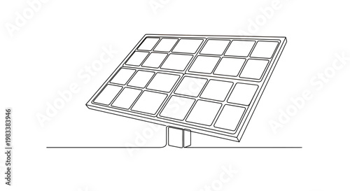Single line art of a tilted solar panel with multiple photovoltaic cells and a stand