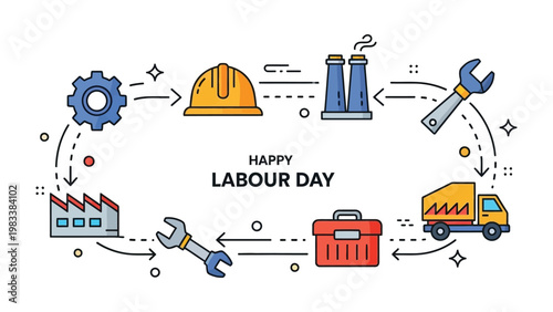 Labour Day Celebration: A vibrant, schematic illustration celebrates Labour Day, with essential industry elements artfully arranged in a continuous loop.