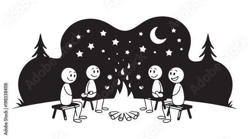 Four Smiling Stick Figures Sitting Around Campfire Under Starry Night Sky For Friendship Concepts