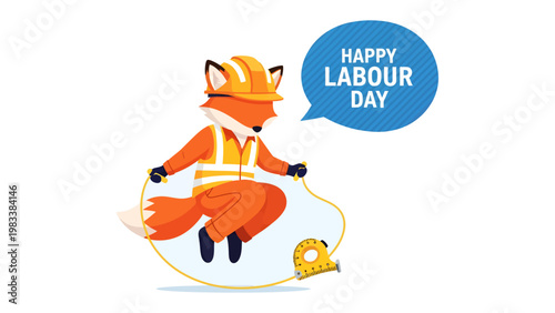 Fox's Labor Day Celebration: An animated fox, geared up for construction work, leaps joyfully with a measuring tape rope in a Labor Day celebration.