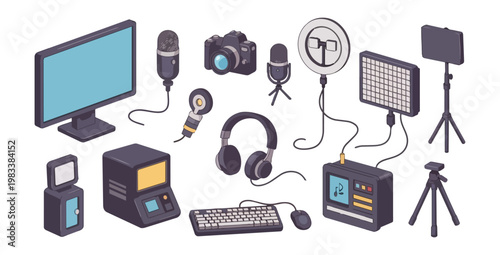 Isometric illustration of broadcasting and recording equipment