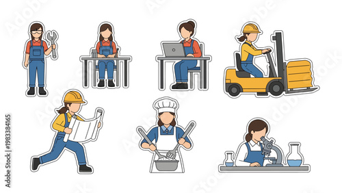 Diverse Professions: A collection of illustrations showcases women in various professional roles, highlighting the breadth of career paths available