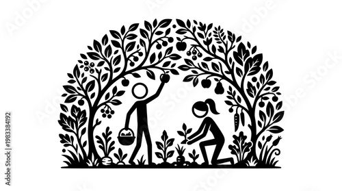 People Harvesting Fruit and Planting in a Garden