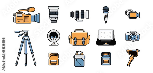 Photography and videography equipment icons on black background