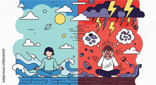 Person meditating in calm serene nature versus chaotic stormy weather in contrasting split screen for mental health
