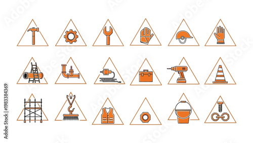 Construction Tools Collection: A comprehensive compilation of construction tools arranged in triangular formations, a visual celebration of craftsmanship and industry. 