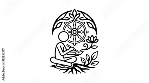 Meditating Monk Writing With Dharma Wheel and Lotus