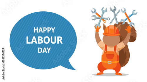 Celebrating Labor Day: A cheerful illustration of a squirrel dressed as a construction worker proudly displays a collection of tools, set against a backdrop celebrating the essence of labor
