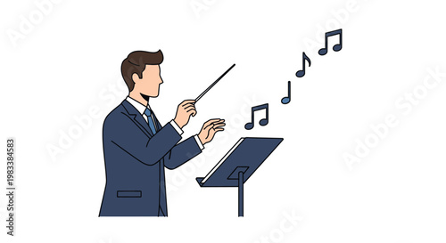 Conductor leading an orchestra with music notes.