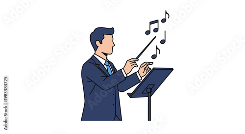 Conductor leading an orchestra with baton.