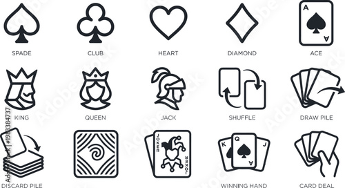 Playing cards casino icons set outline vector symbols illustration