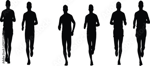 Group of male runners in motion silhouette set, black vector figures of athletes sprinting and jogging isolated on white background.