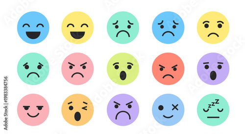 A collection of fifteen colorful flat design emoji faces expressing various human emotions and feelings on a white background.