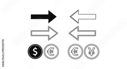 Black and white icons representing currency exchange with dollar, euro, and yen symbols alongside directional arrows for financial transactions.
