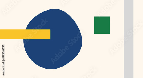 Abstract minimalist composition featuring a dark blue irregular blob, a yellow horizontal bar, and a small green square on a light beige background.