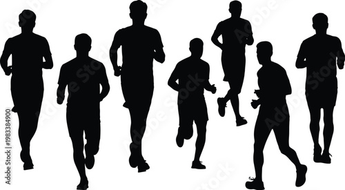 Group of male runners in motion silhouette set, front view of athletes sprinting and jogging, black vector figures isolated on white background.