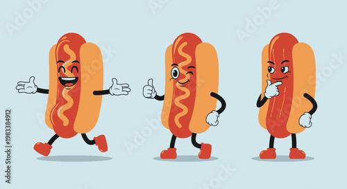 Three retro cartoon hot dog characters with different expressions and poses, including happy, winking, and thinking.