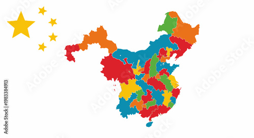 Colorful map of China with its provinces distinctly colored, accompanied by the five stars from the Chinese flag on a white background.