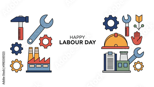 Labour Day Illustration: Celebrating the dedication of workers with a graphic assembly of tools, factory, gear, and safety equipment, a colorful and vibrant expression of the holiday's spirit.