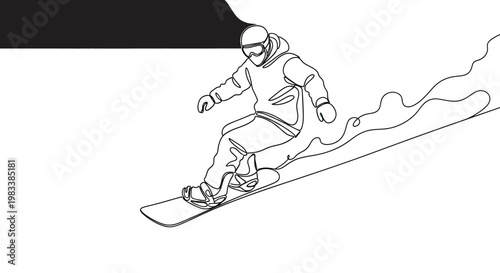 A black and white line drawing depicts a person snowboarding down a slope