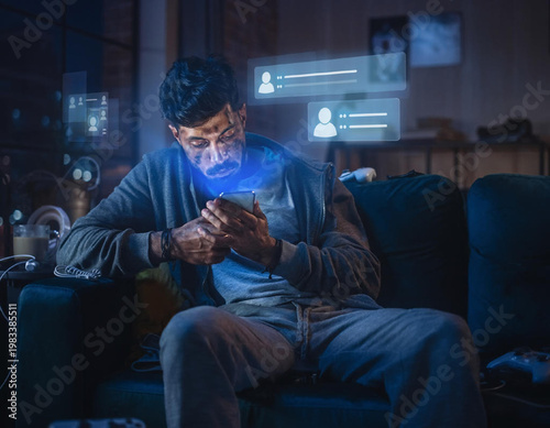 Man sitting on couch using smartphone.
