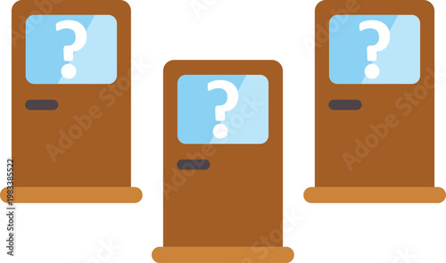 Three doors with question marks symbolize decision making and exploring different paths
