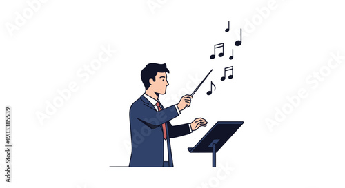 Conductor leading an orchestra with baton.
