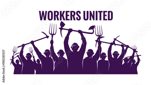 Workers United: A graphic silhouette illustration captures the solidarity of laborers united in a symbol of collective strength and mutual support.
