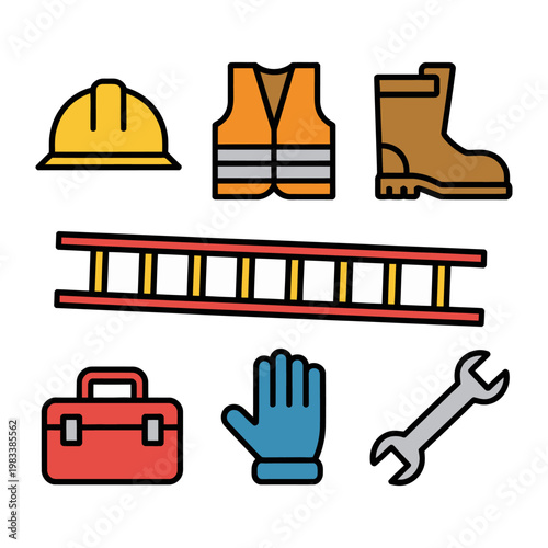 Construction Essentials: A comprehensive array of essential equipment used by construction workers, showcasing safety gear, tools, and instruments necessary for a construction site.