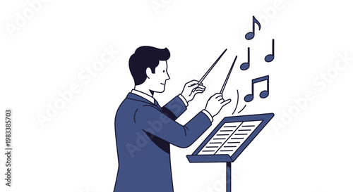 conductor leading an orchestra with music notes.