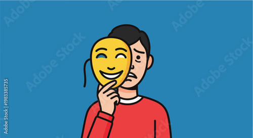 Man holding comedy mask in playful mood with bright orange background in flat illustration style for theater advertising	