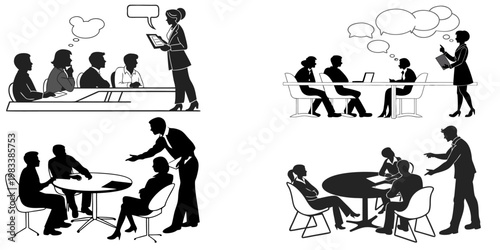 Silhouettes of business people in meetings and discussions