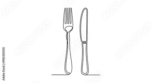 Minimalist continuous line drawing of fork and knife on white background
