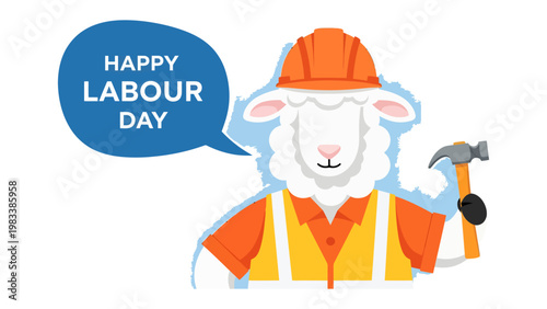 Happy Labour Day: Sheep-shaped figure, adorned with a construction worker's attire, carries a hammer and extends greetings in a speech bubble