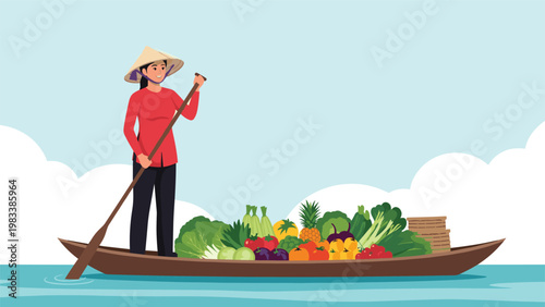 Traditional Vietnamese woman wearing a conical hat paddles a wooden boat filled with fresh vegetables and fruits through calm blue waters.