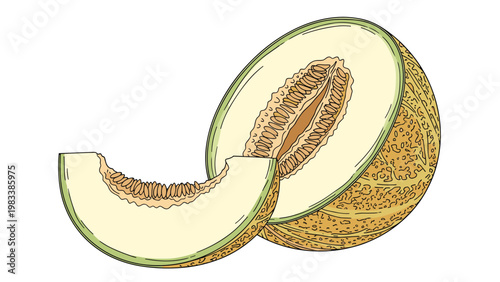 Detailed vector illustration showing a whole cantaloupe melon beside a cut slice with visible seeds on a clean white background.
