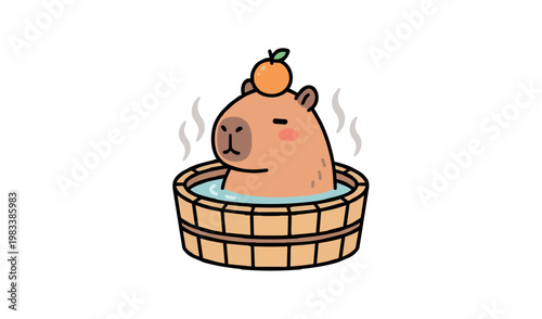 Cute capybara relaxing in a wooden hot tub with an orange on its head, Japanese onsen style illustration.