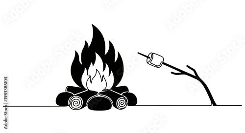 Black and white illustration of a campfire with a marshmallow on a stick