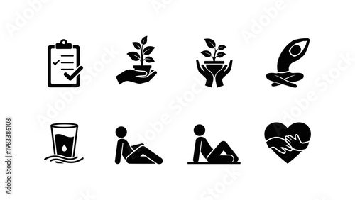 Set of wellness and sustainability icons in minimalist silhouette style