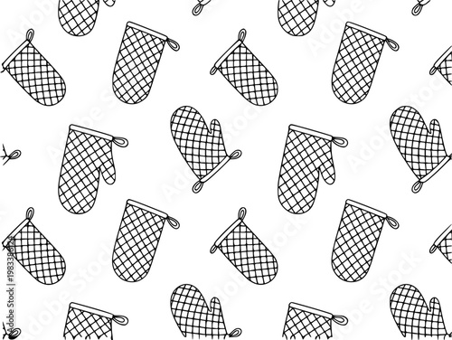 Black and White Pattern of Hand Drawn Oven Mitts and Pot Holders White Background
