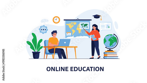 Teacher uses a pointer to explain world geography on a map while a male student works on a laptop during an online school lesson.